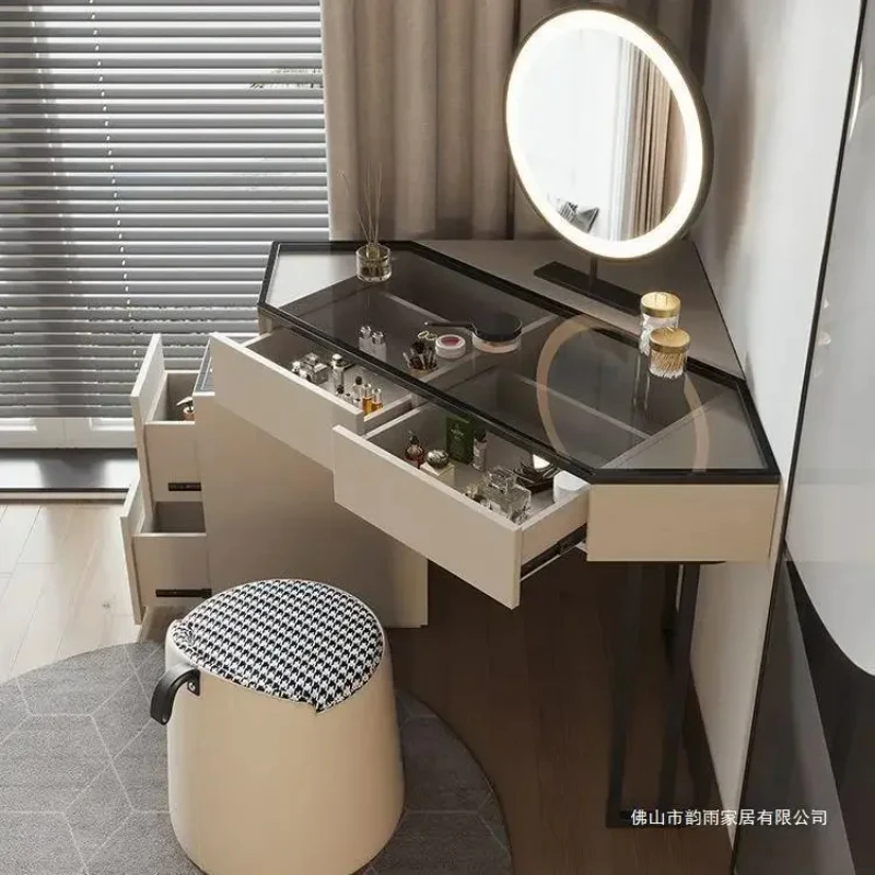 

Luxury Modern Triangle Corner Vanity with LED Mirror Large capacity Makeup Dressing Table with 4 Drawers Save Space Furniture