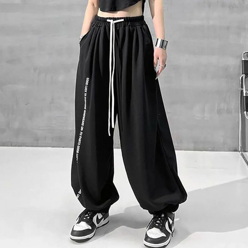 

American Style Black Joggers Sweatpants Women Harajuku Hip Hop Y2K Letter Print Streetwear Oversized Loose Wide Leg Trousers