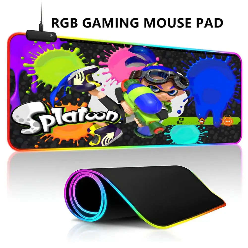 Splatoons Cartoon RGB LED Light Gaming Mousepad Waterproof Large Gamer Carpet Big Mause Keyboard Pad PC Desk Play Mat with