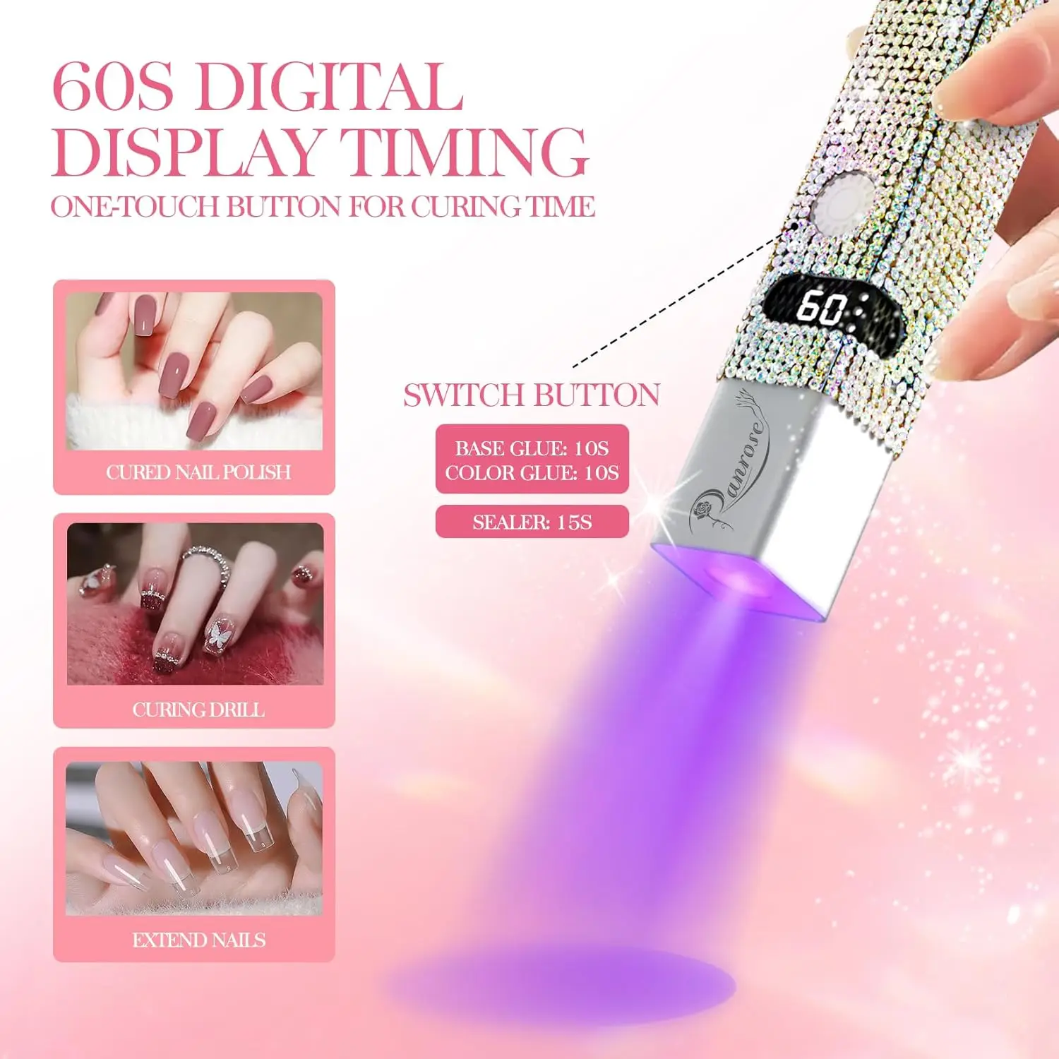 Handheld UV Light for Gel Nails Diamond Led Nail Lamp 3W Pen Shape Nail Light Rechargeble Nail Dryer with Display Screen