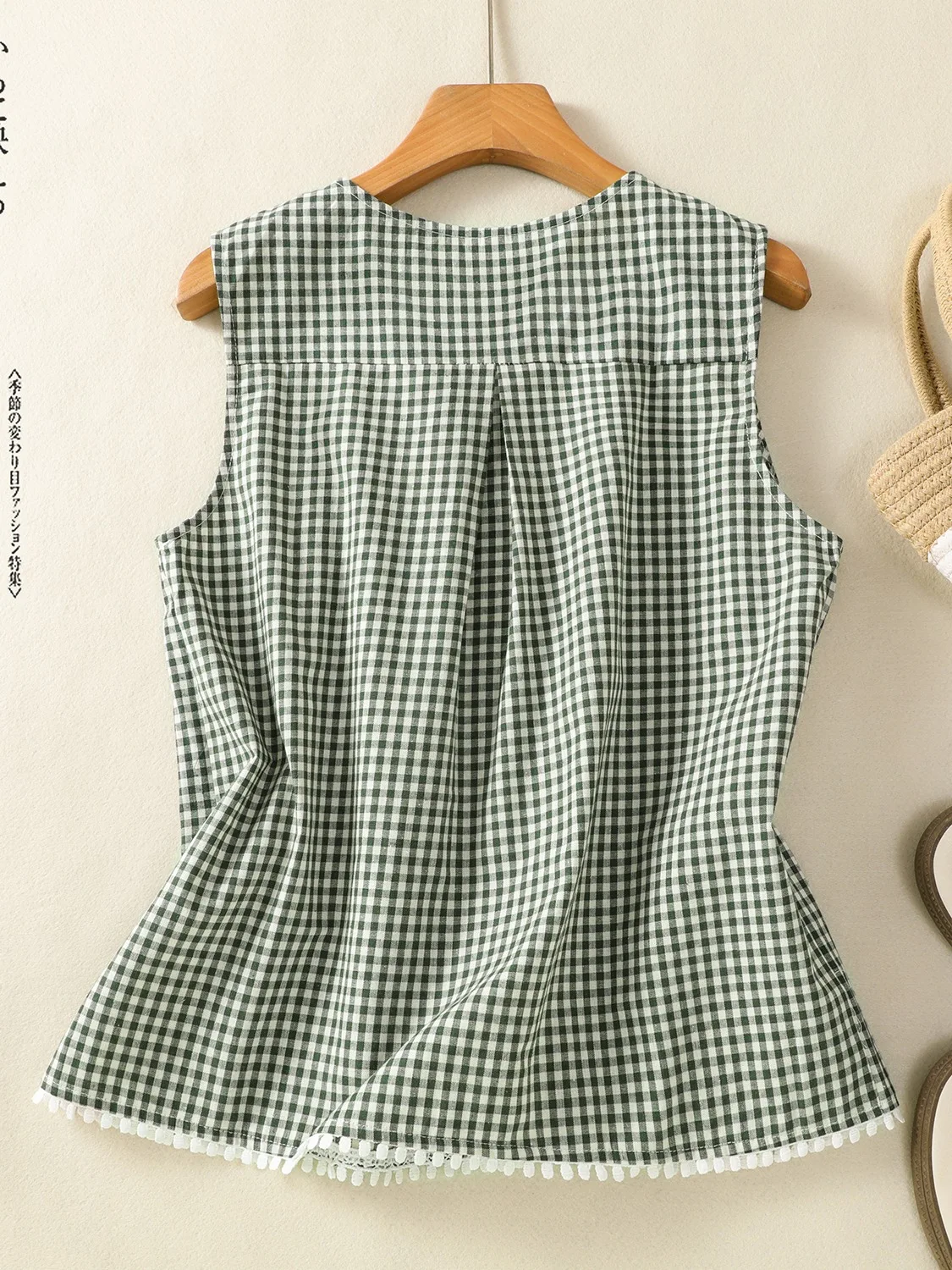 Green Plaid Cotton Linen Sleeveless Shirt Women Summer Anti-Aging Lace Slimming Cannon Shoulder Vest Small Shirt Open Cardiga...
