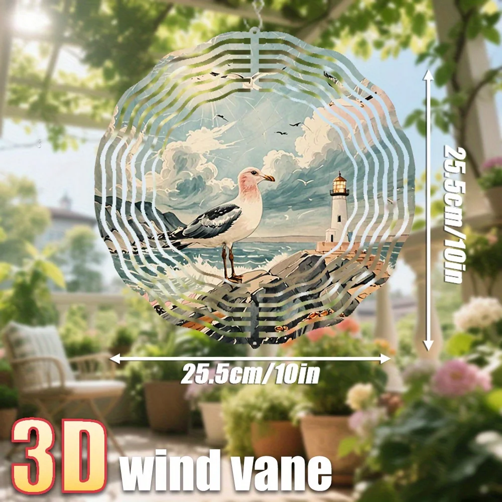 3D Seagull Lighthouse Ocean Wind Spinner - 10 Inch Metal Art with 360 Swivel Hook for Garden Patio Outdoor Decor Gift