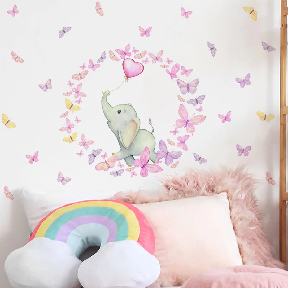

Butterflies Around Elephant Balloon Watercolor Wall Sticker Child Nursery Bedroom Door Refrigerator Toilet Art Decal Home Decor