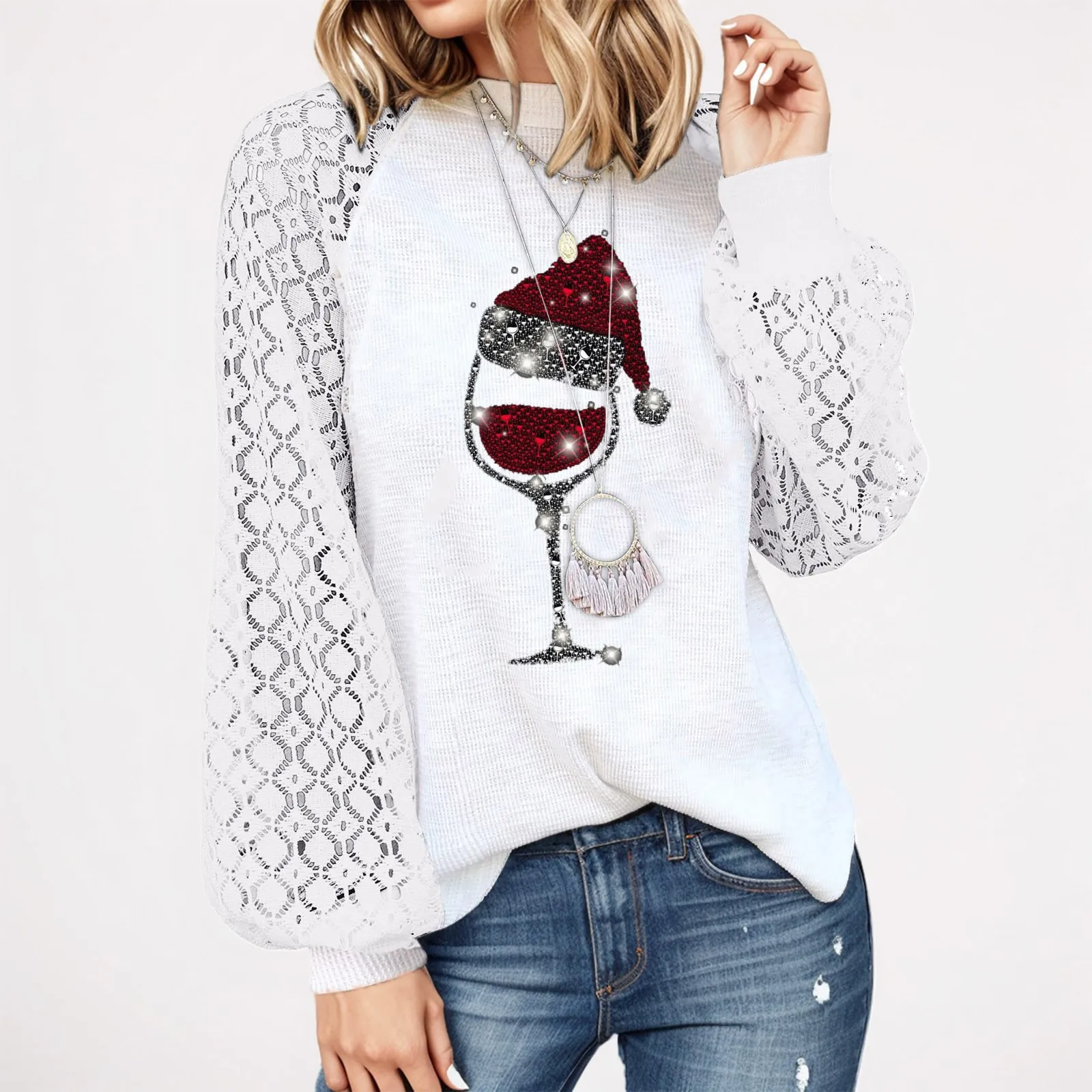 Blouse Pullovers For Women Christmas Wine Glass Print Lace Crochet Long Sleeve Crewneck T Shirts Knit Pullover Loose Blouses Top