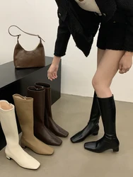 Square Toe Women Knee High Boots 2024 New Arrivals Thick Flat Mid Heels Black Beige Brown Khaki Winter Dress Shoes Woman Size 40