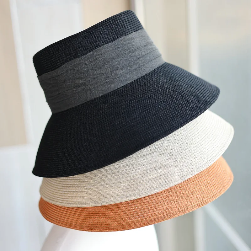 Japanese simple fashion pleated ribbon flat basin hat women's summer trip foldable casual sun protection fisherman's straw hat