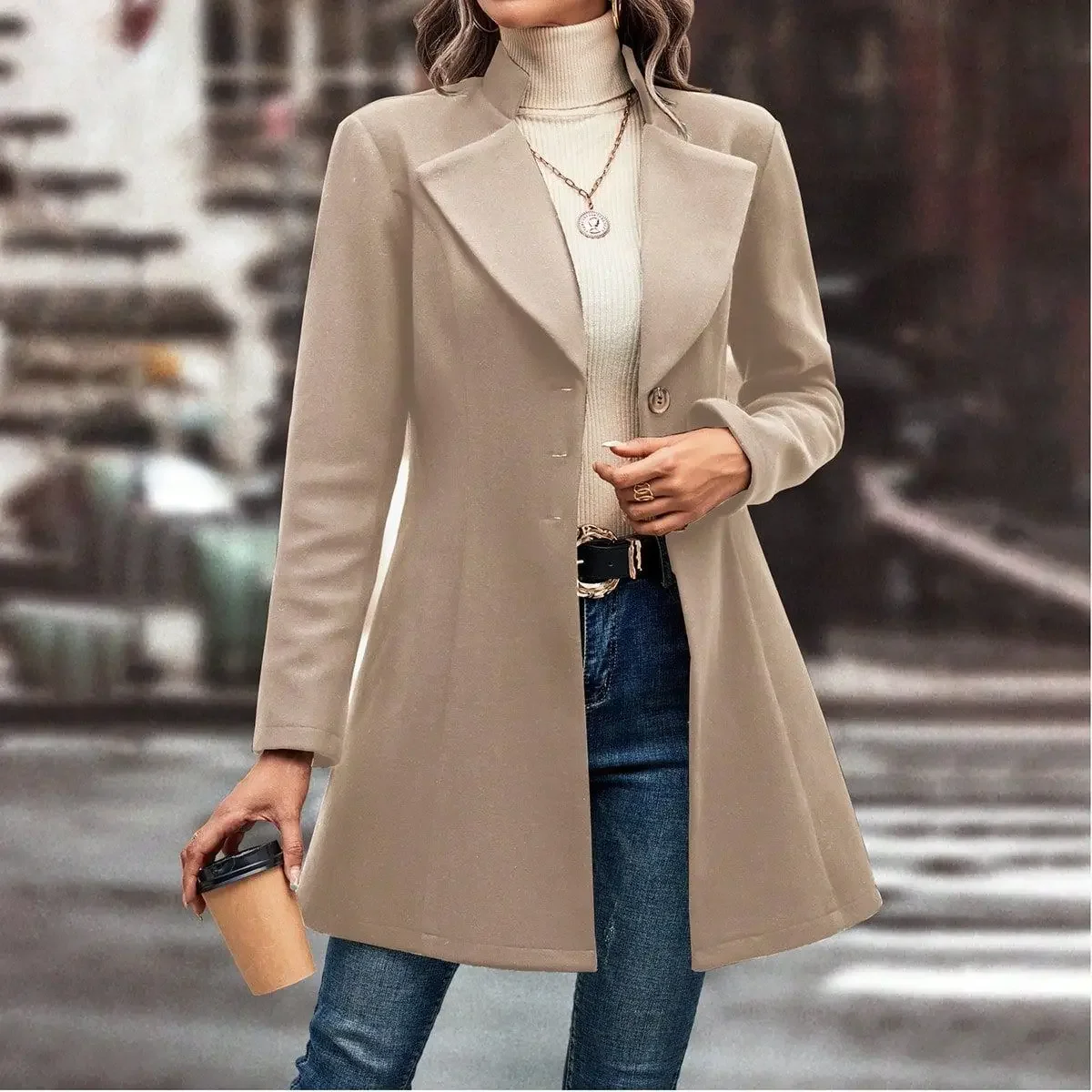 

Europe and The United States Fashion Solid Color Lapel Woolen Coat, Women's Autumn and Winter Slim-fit V-neck Long Woolen Coat