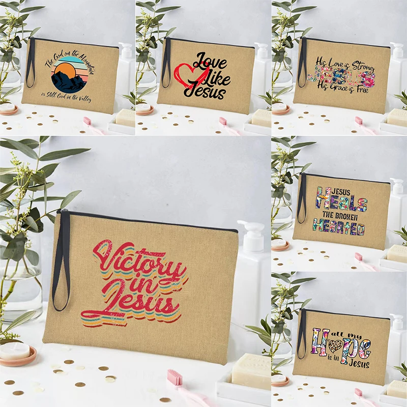 Bolsa de maquillaje de lino con patrón de Jesús para niña, bolsa de regalo cristiano, todo mi esperanza está en Jesús, regalo católico, organizador de cosméticos de viaje, estuche para lápices