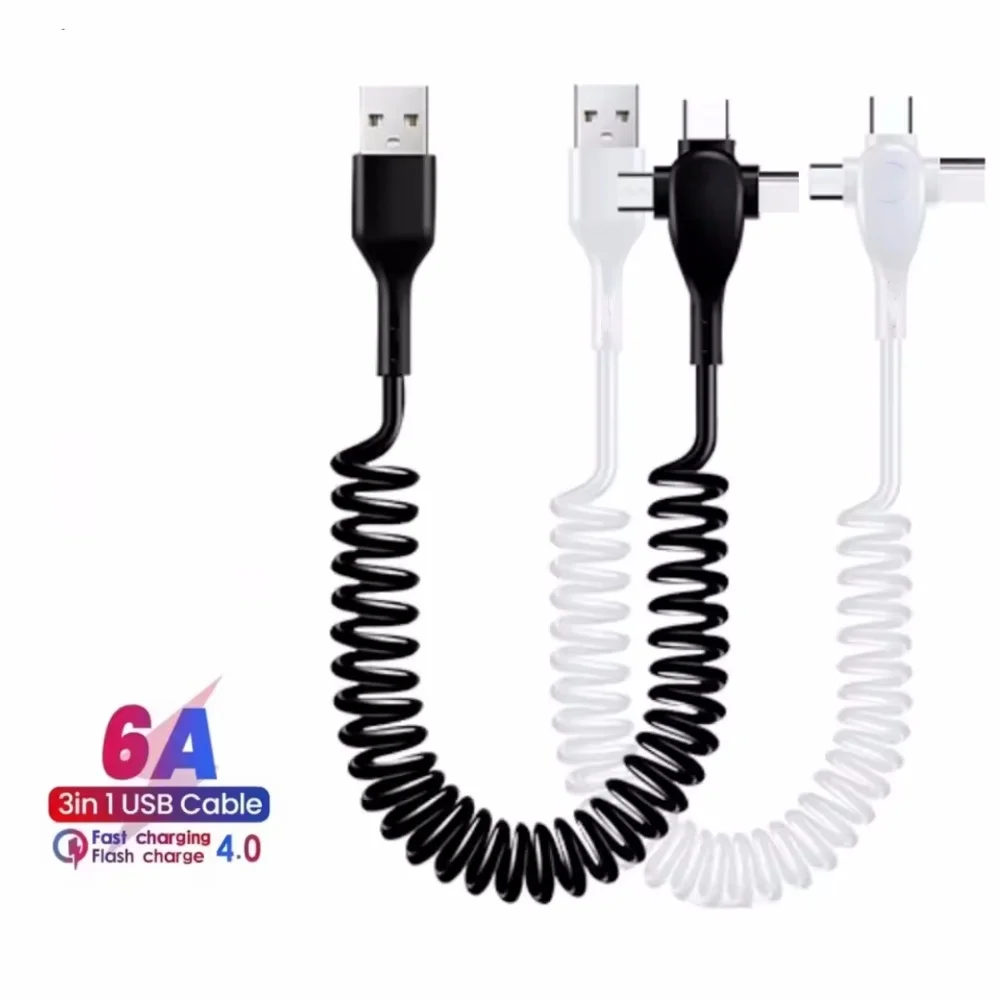 120W 3-in-1 USB C Cable Super Fast Charging Spring Retractable Data Cable For iPhone Huawei Xiaomi Phone Quick Charger Data Cord