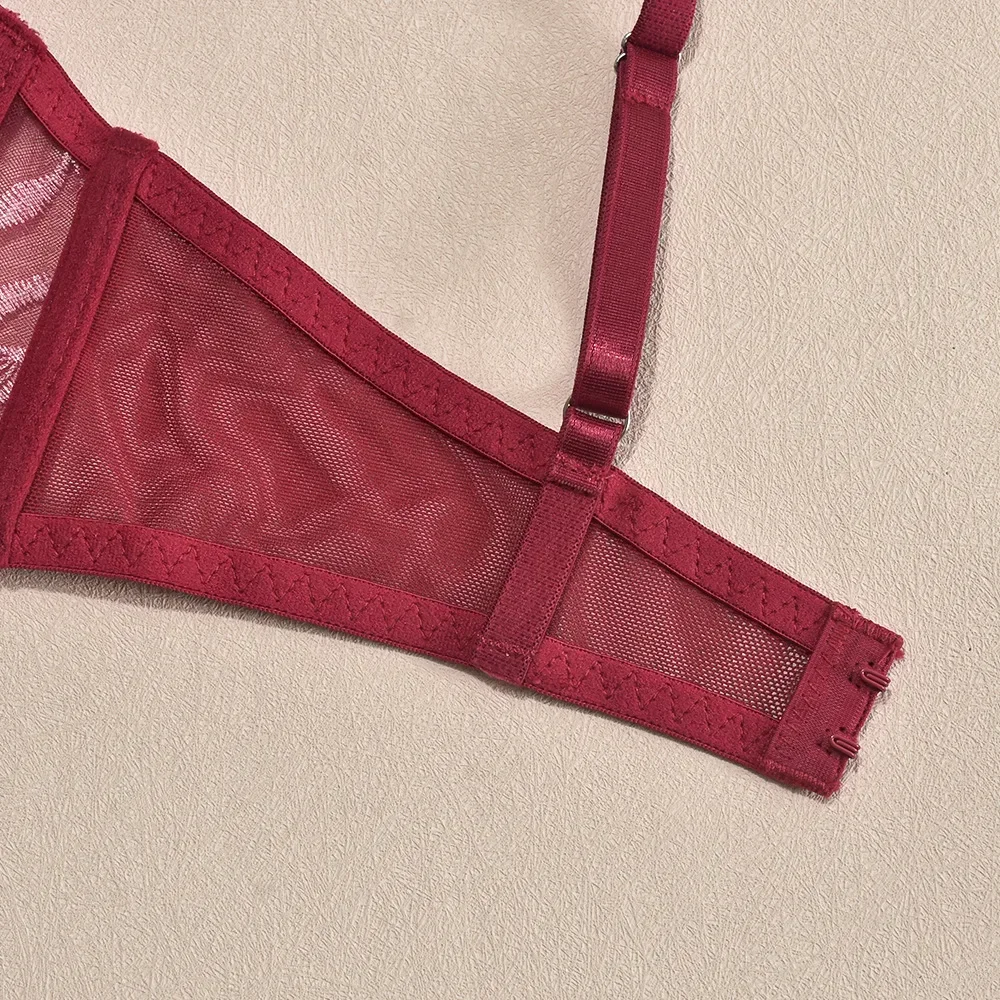 Set di lingerie velata con ricamo floreale Set di biancheria intima da donna in 2 pezzi con reggiseno trasparente + slip Intimo rosso per San Valentino