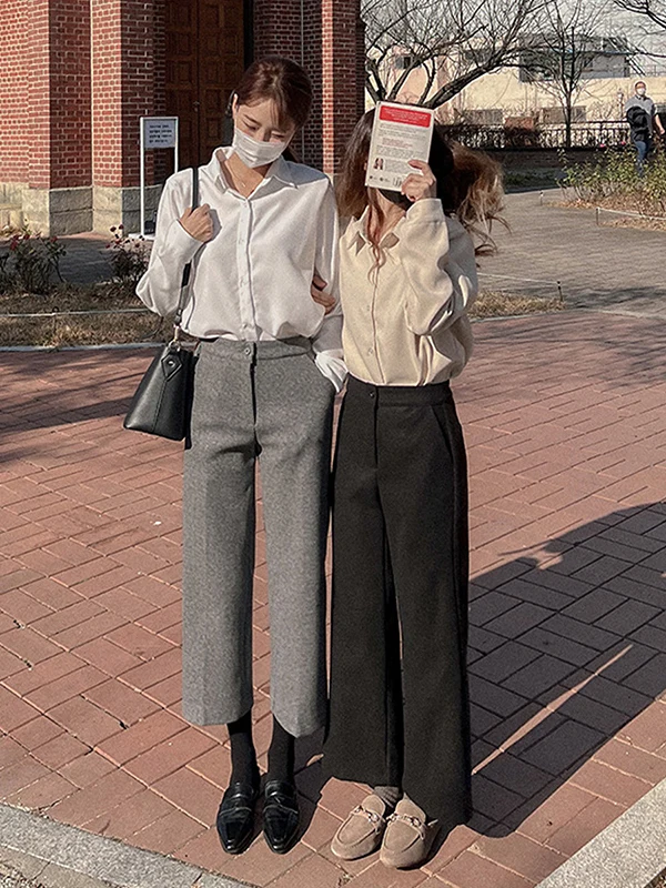 

Женские шерстяные брюки с высокой талией, прямые, широкие, в корейском стиле, для осени и зимы, асимметричные, для офиса