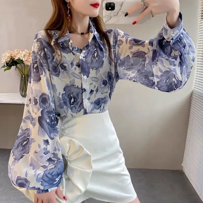 2024 New Bishop Sleeve Chiffon Tops Summer Unique Loose Printing Women Flip Collar Single-breasted Long Sleeves Large Size Shirt