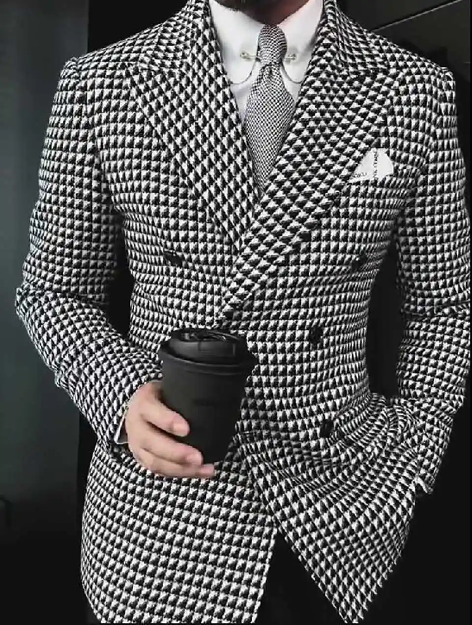 คลาสสิก Houndstooth Double Breasted Overcoat Casual เสื้อขนสัตว์แฟชั่นเสื้อแจ็คเก็ตผู้ชายธุรกิจ Lapel Blazer ที่กําหนดเอง