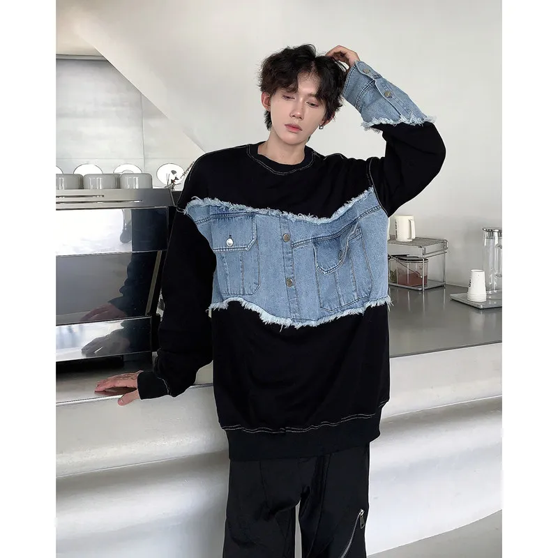 

Мужская джинсовая толстовка свободного кроя с пэчворком, повседневная, в корейском стиле, из полиэстера, с круглым вырезом и карманом на груди