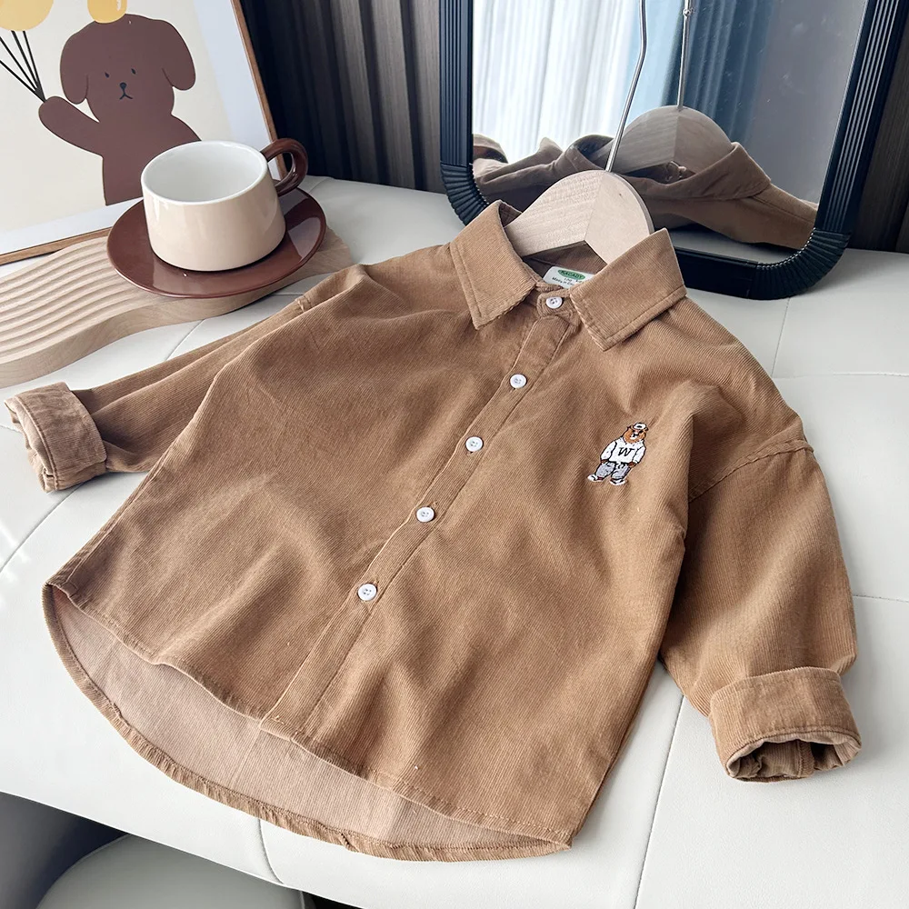 2024 Autumn Boys Casual Embroidery Bear Long Sleeve Corduroy Blouse 3-10 Years Three Colors