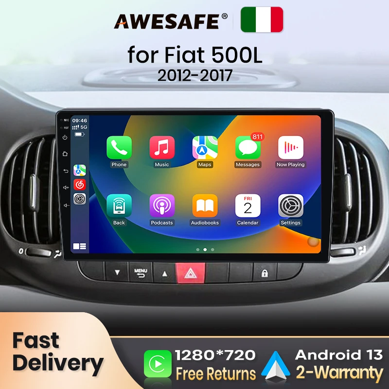 AWESAFE Wireless CarPlay for Apple Android 13 Auto Radio for Fiat 500L 2012 2013 2014-2017 Multimedia Screen Stereo GPS RDS DSP