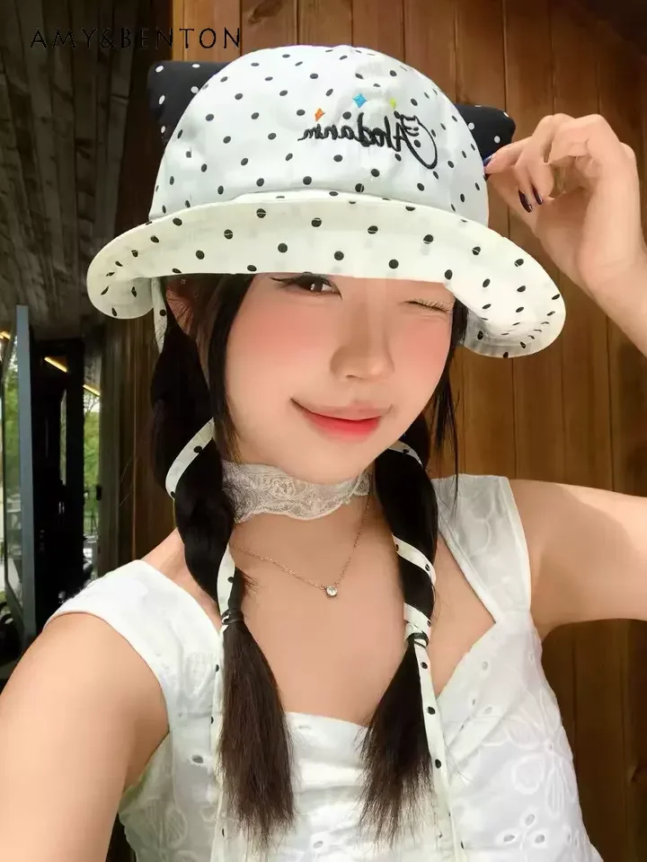 Teens Girls Summer New Cute Polka Dot Cat Ear Bucket Hat Toddlers and Big Kids Vintage Fashion Thin Sweet Versatile Sun Hat
