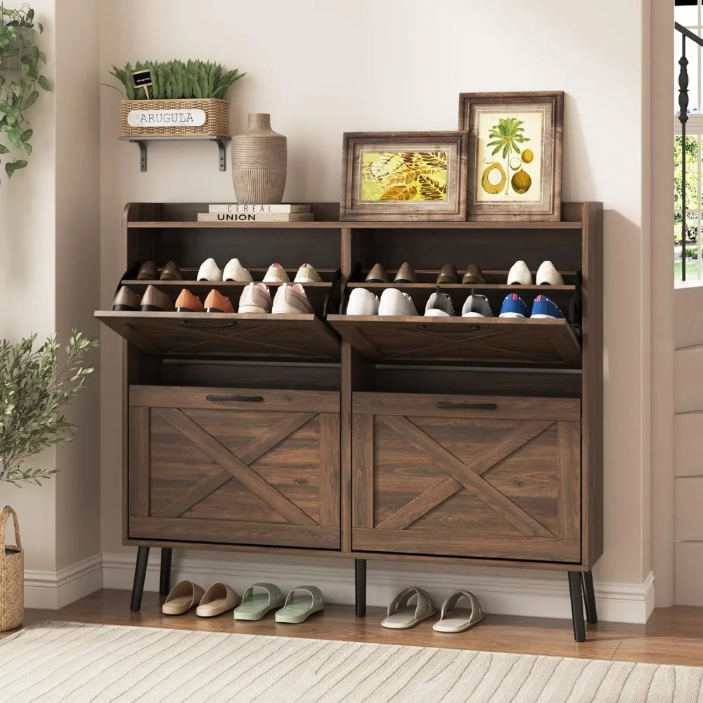 With 4 Flip-out Drawers, Freestanding Shoe Organizer with Metal Drawer Hinges, Narrow Shoe Rack Cabinet, 5 Sturdy Wood Legs