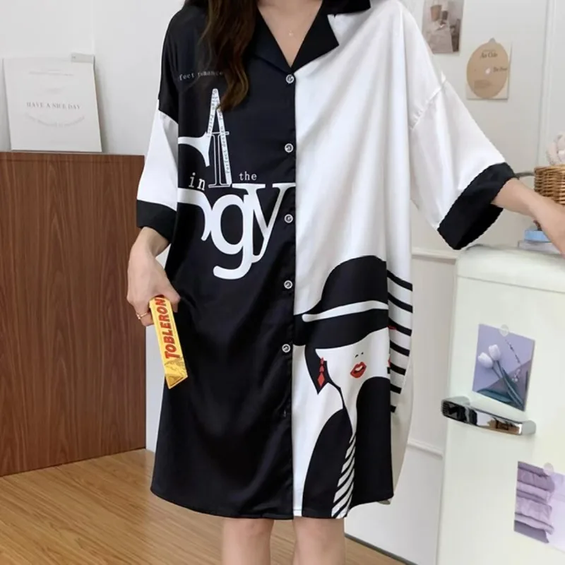 Ice Silk Pajama Dress Women Summer Short Sleeved 2024 New Cute Cat Oversized Fashion Wearing Maternity Shirt Skirt