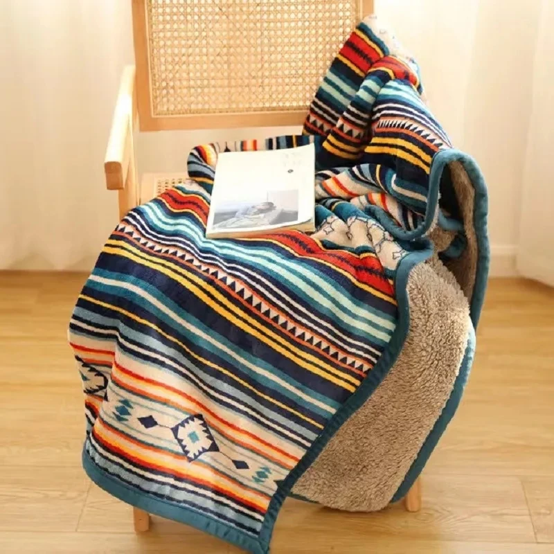 Sherpa Throw Blanket Soft Plush Reversible Bohemian Flannel Blankets Boho Stripe Bed Blanket for Sofa & Couch Home Decors