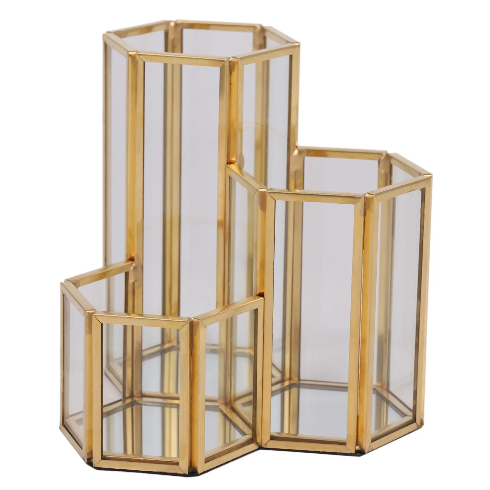 Superior Glass Copper Hexagon Composite Pen Holder Makeup Brush Glass Box Multifunction Desktop Organizer Office Accessories