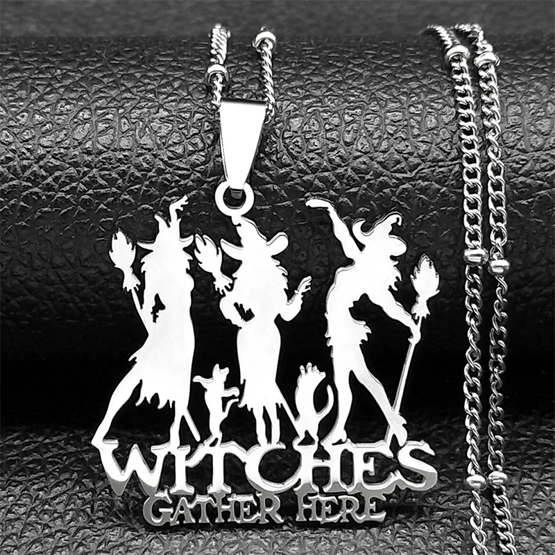 Gothic Witches Gather Here Necklace Women Men Stainless Steel Silver Color Witchcraft Halloween Cat Chain Jewelry collar