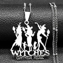 Gothic Witches Gather Here Necklace Women Men Stainless Steel Silver Color Witchcraft Halloween Cat Chain Jewelry collar