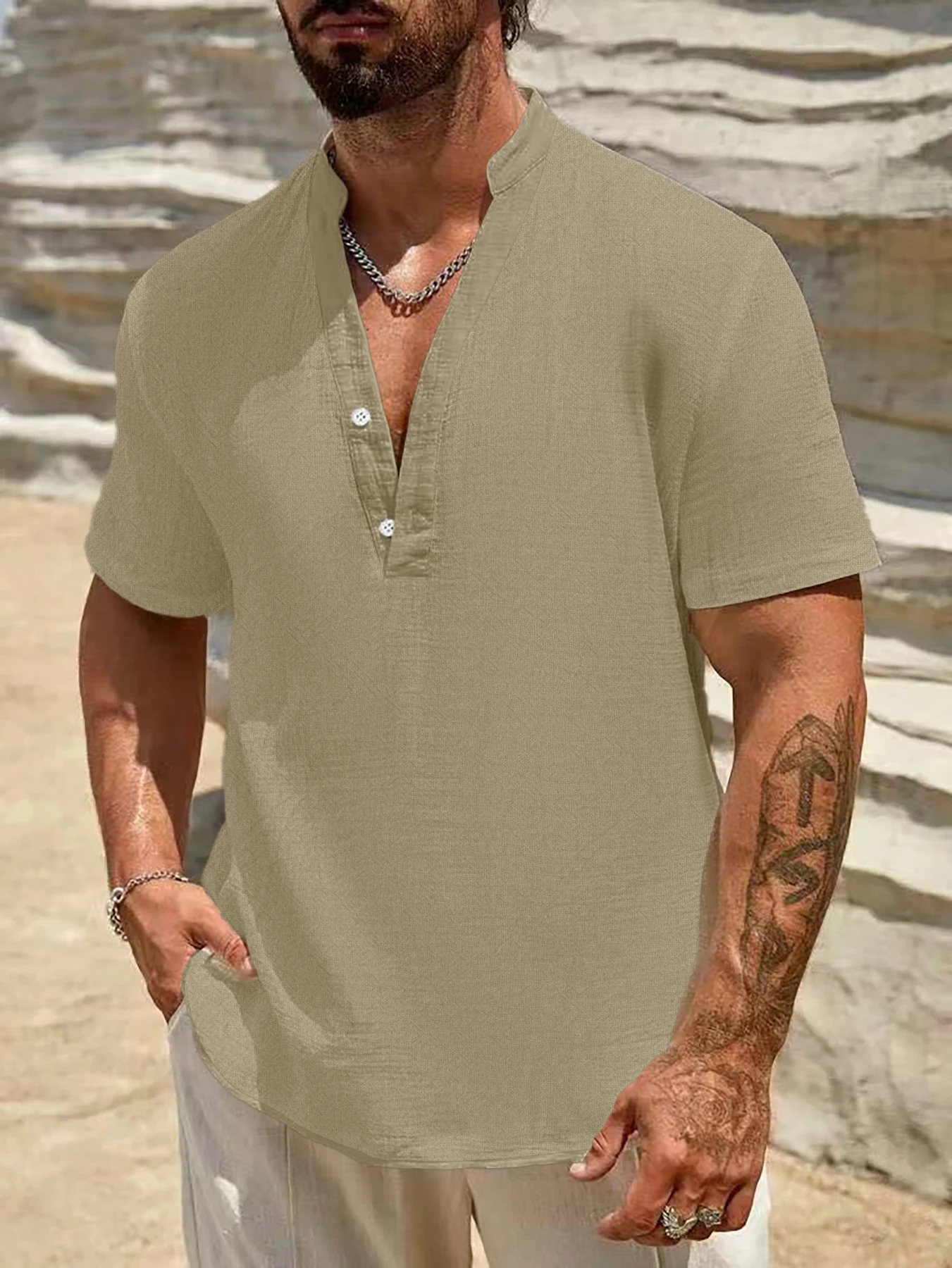 Men's standing collar Henry shirt Retro cotton and linen casual shirt Breathable short sleeved top Hot sale Men's wear