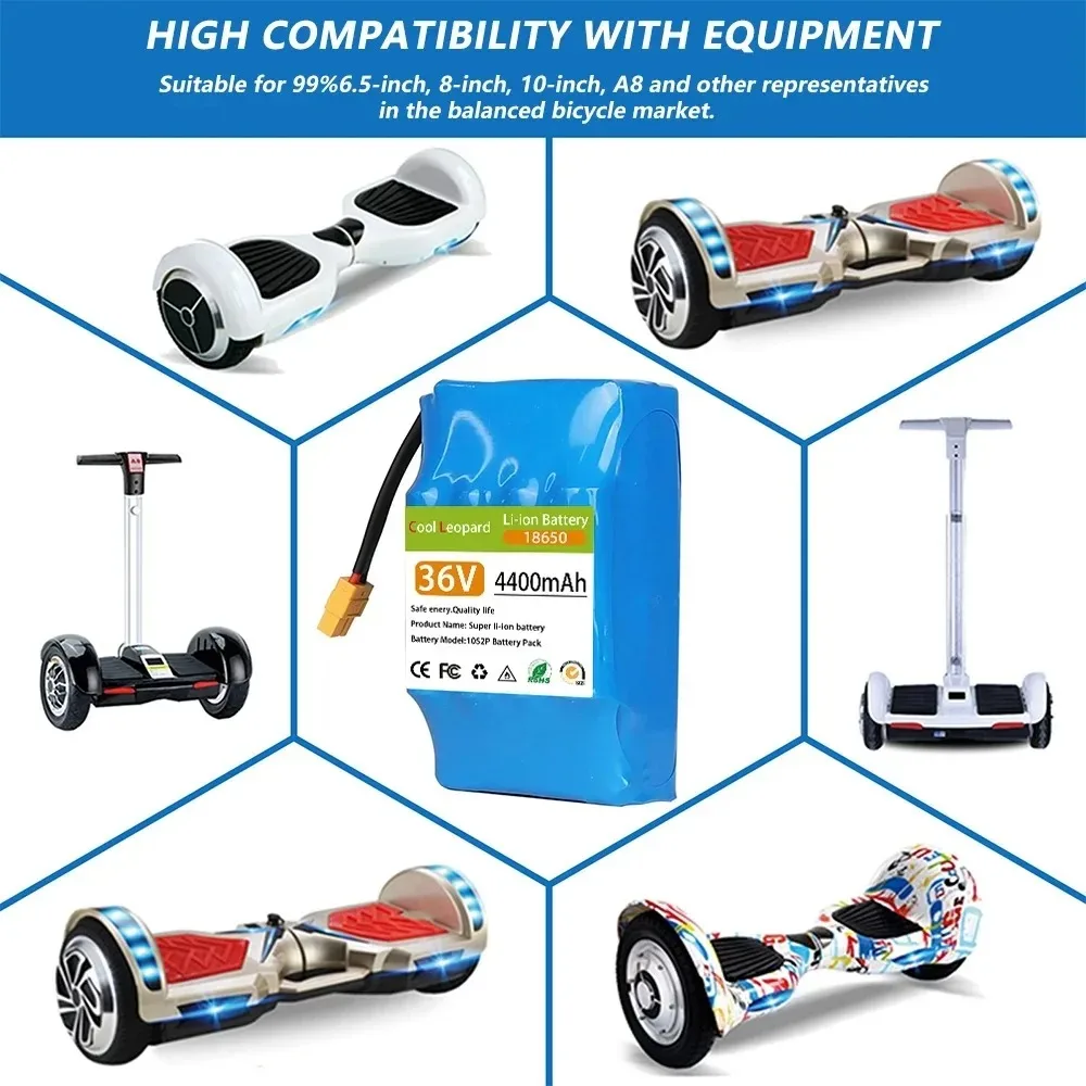 18650 10S2P 36V 4.4Ah/6Ah7Ah Rechargeable Lithium Battery Pack with BMS, for Electric Self Balancing Scooter HoverBoard Unicycle