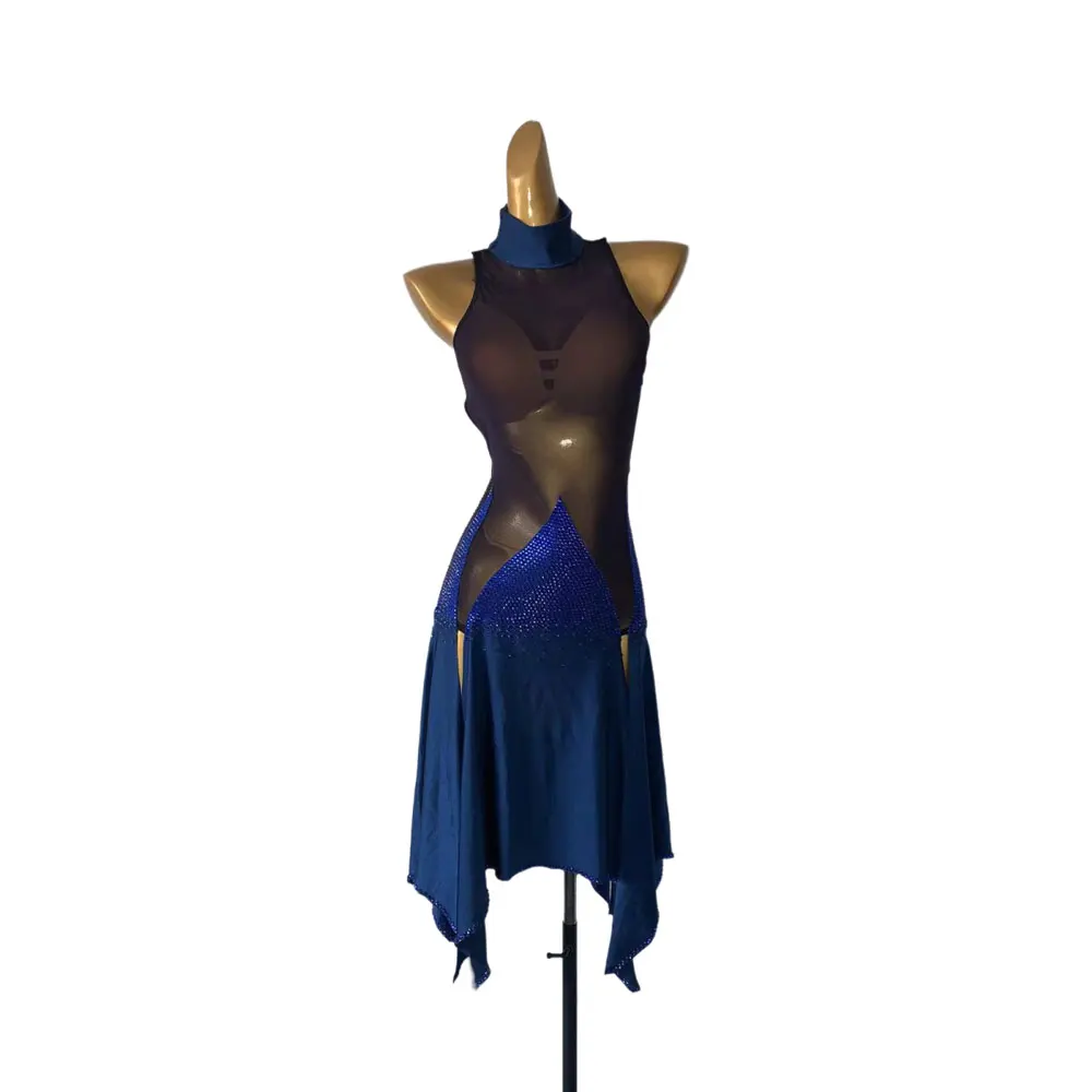 Latin Dance International Stage Women's Wear High end Customized Micro transparent Blue Ribbon Samba Diamond Performance Dress