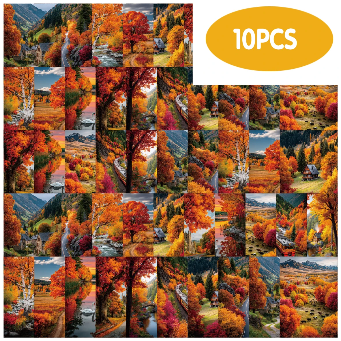 Etori Life Autumn Scenery 10Pcs Autumn Maple Scenery Hand-Painted Stickers Warm Atmosphere Stickers for Notebooks, Phone Stickers, Luggage, Scrapbooking Supplies, Student Gift Bags, Room Decoration, DIY Crafts, Gift Box Packaging, Card Making, Children's Stickers, Back-To-School Season