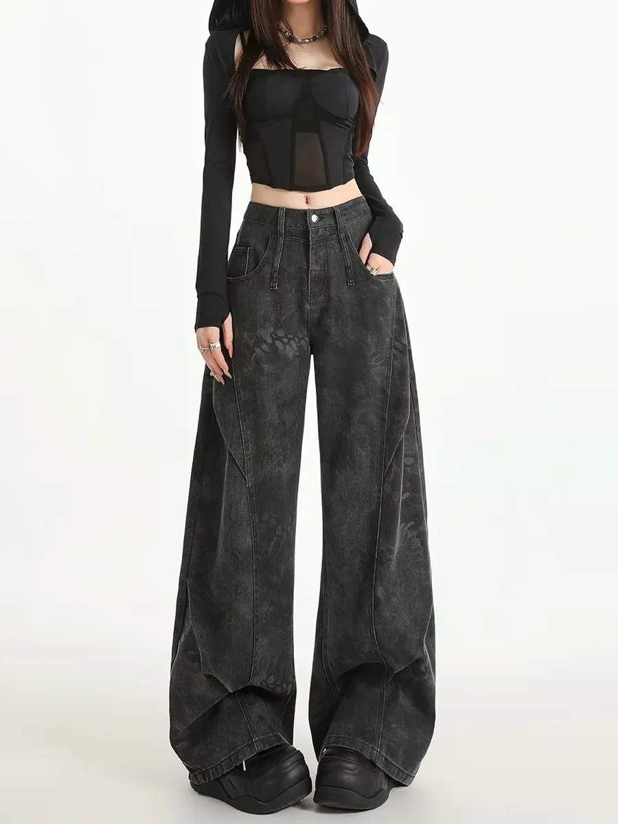 

High Waist Wide Leg Jeans Women's Spring New Sle Small Size Slimming Print Workwear Denim Pants American Sle Printed