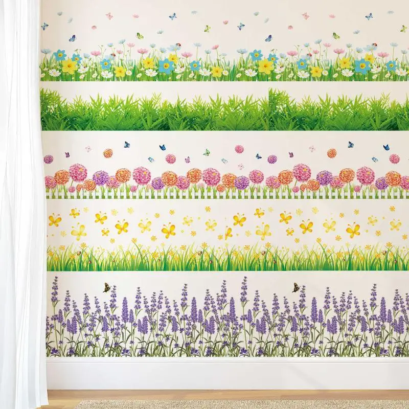 Pastoral Flowers Grass Fence With Butterfly Wall Stickers Pvc Decals Mural Art For Office Shop Bedroom Baseboard Home Decoratio