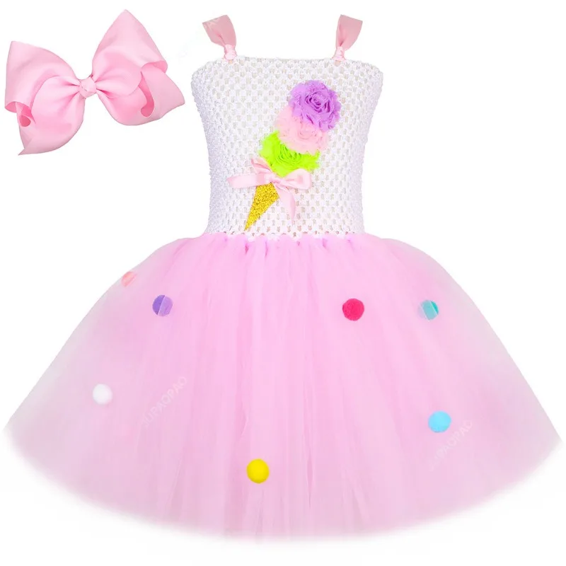 Pink Ice Cream Tutu Dress for Baby Girls Birthday Party Cake Smash Costumes Kids Candyland Outfit with Bow Child Sweet Clothes-B