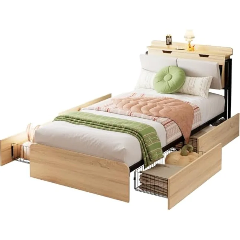 Twin Bed Frames with Hidden Storage Headboard, Camas Twin with Charging Station and 4 Drawers, Sturdy and Noiseless,