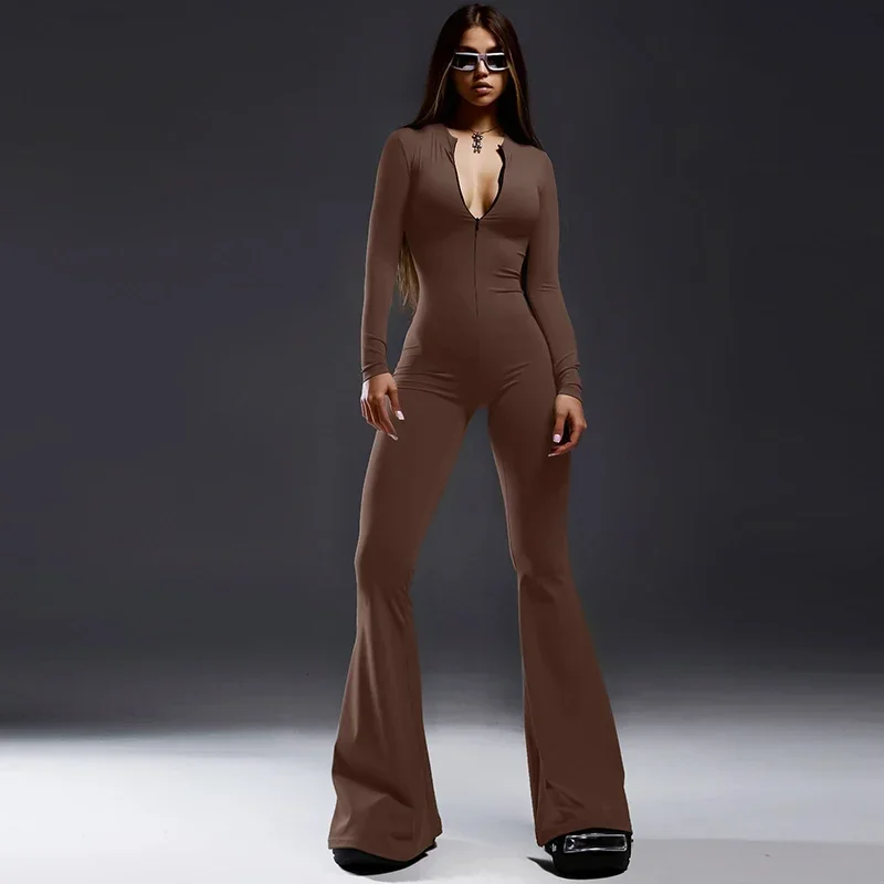 

Zip Up Long Sleeve Jumpsuit Women Slim Fit Flare Long Jumpsuits Autumn Winter Full Body Jumpsuit Sports