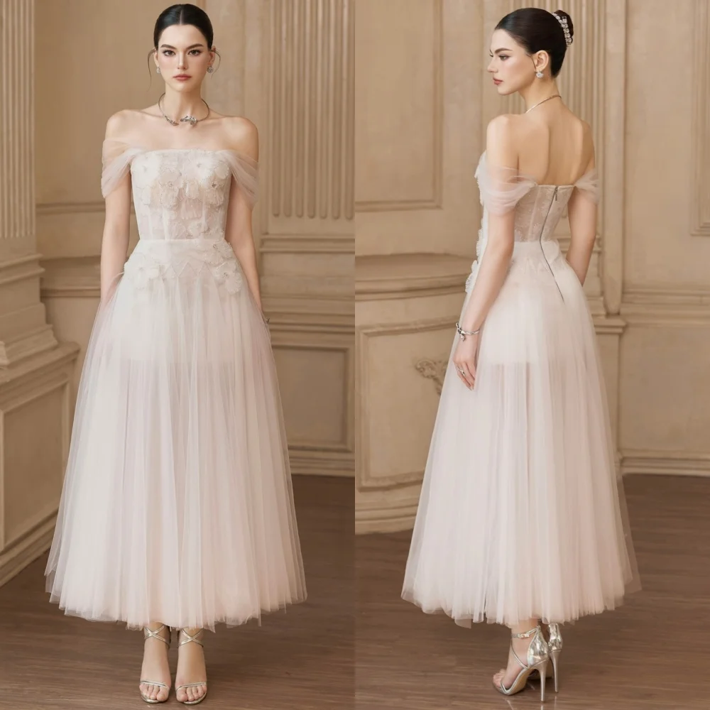 

Customized Classic Exquisite Chiffon Sequined Pleat A-line Off-the-shoulder Midi Dresses Bespoke Occasion Simple