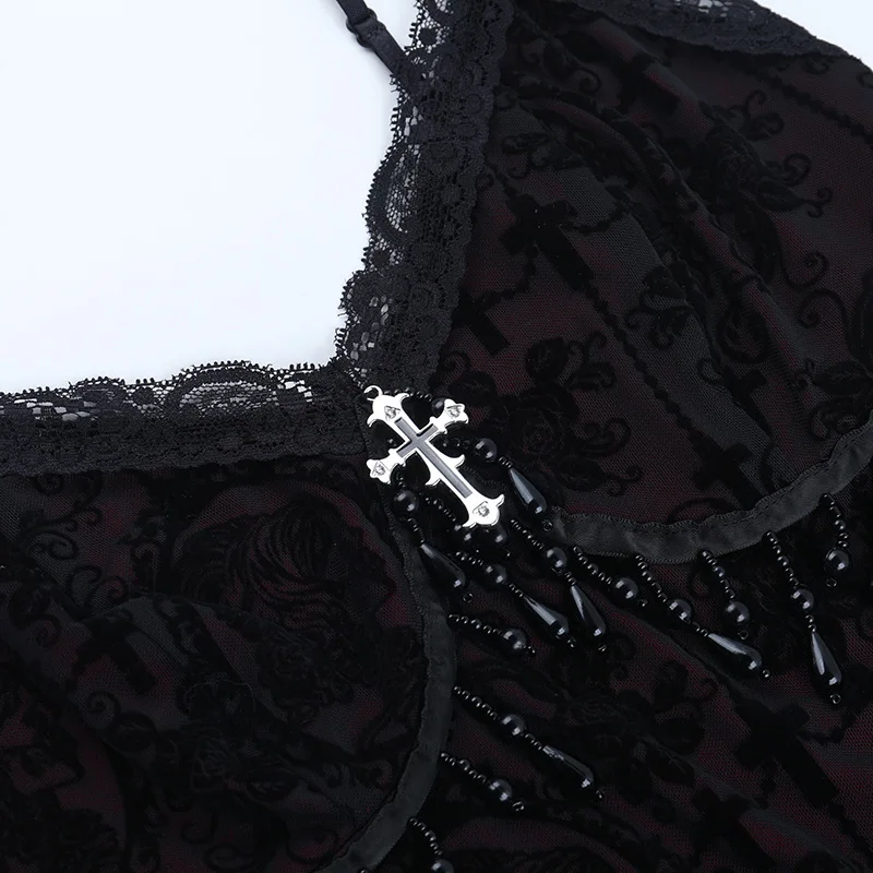 Vintage Mall Gothic Flocking Camisole Women Aesthetic Fairycore Grunge Y2k E-girl Lace Patchwork Beading Crop Tank Tops image 6