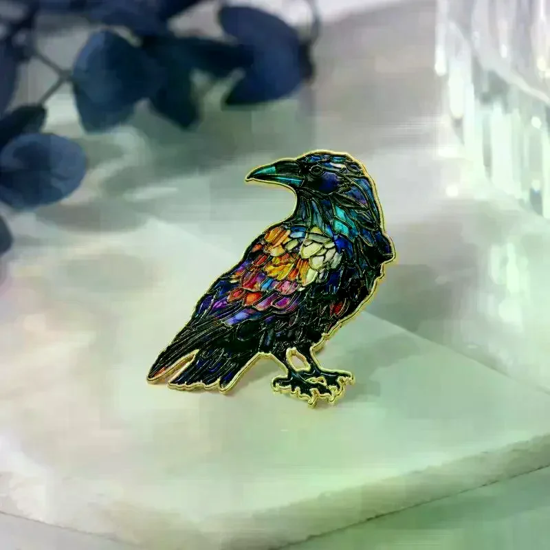Colorful Enamel Raven Brooch Stained Glass Inspired Design Sturdy Alloy Base For Jackets Backpacks Gothic Jewelry Lovers