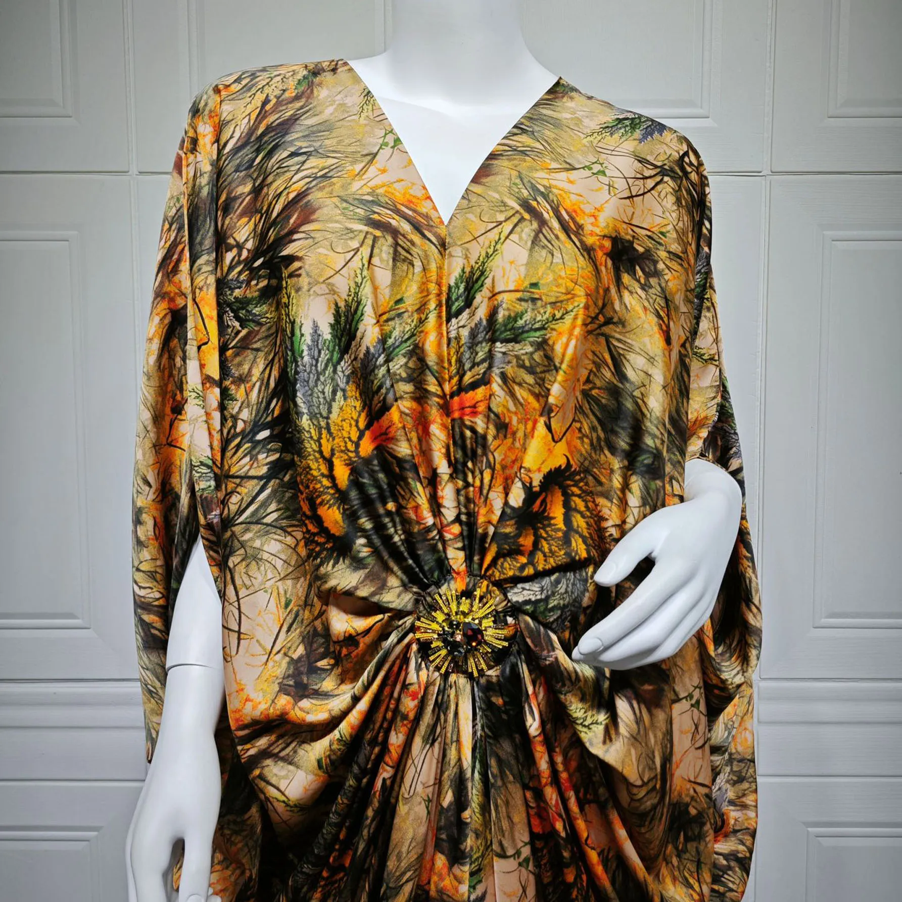 Robe caftan de fête pour femmes, Robe marocaine de Dubaï à imprimé complet, col en V froncé sur le devant, vêtements islamiques Ramadan Eid, Robe arabe