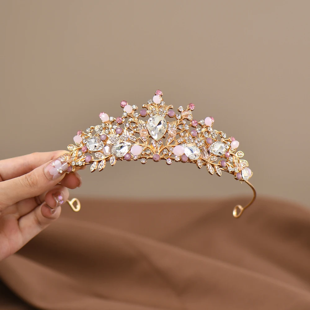 Princess Crown For Girls Pink Crystal Tiara For Birthday Party Children's Hair Accessories High-end Crystal Crown Birthday Gift