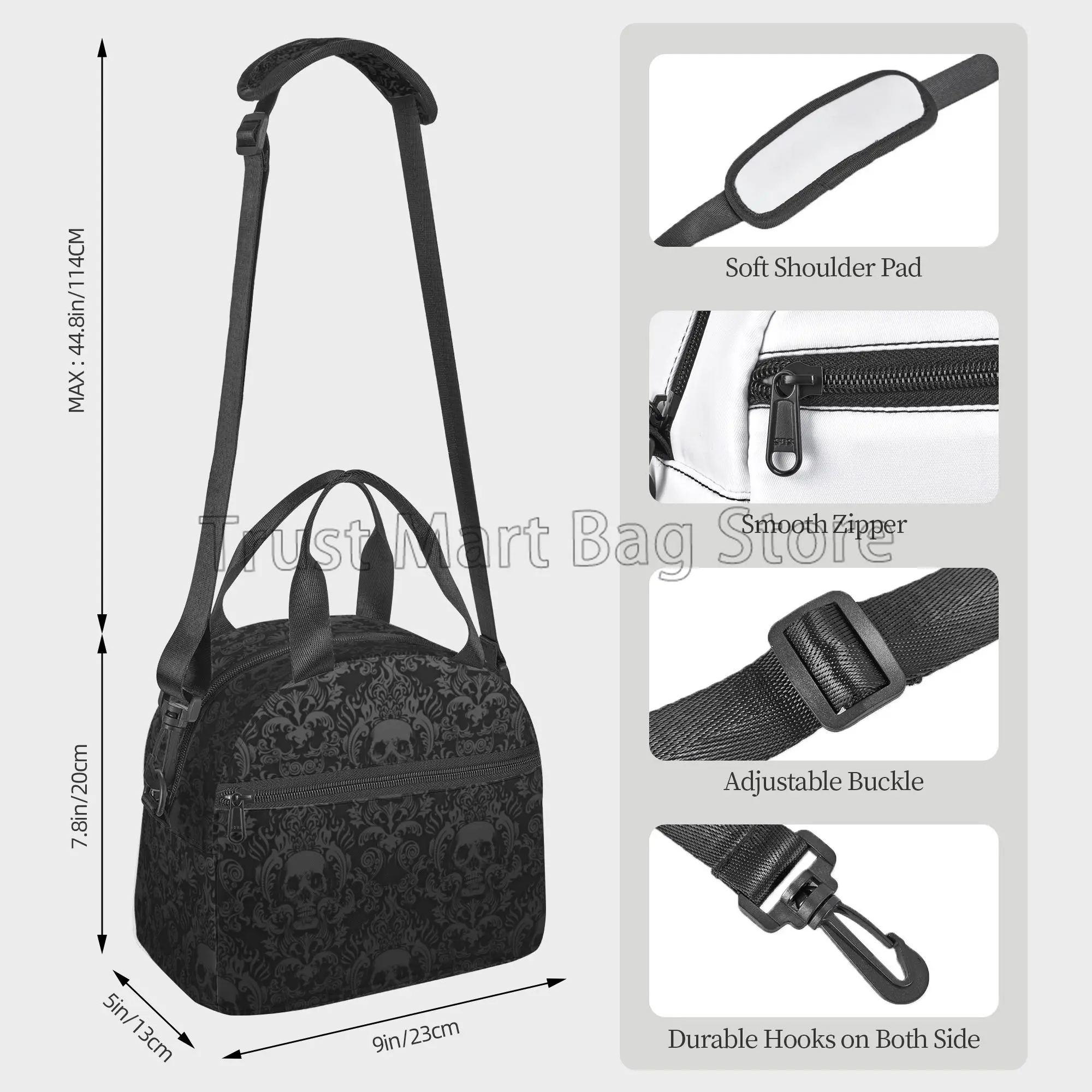 Sac à déjeuner isolé gothique damassé crâne noir, boîte à déjeuner unisexe avec bandoulière amovible, sac fourre-tout isotherme réutilisable