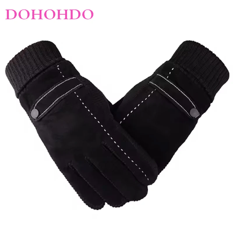 

Men's Pigskin Black Gloves Riding Driving Touch Screen Non-slip Winter Warm Velvet Windproof Motorcycle Gloves Guantes Negros