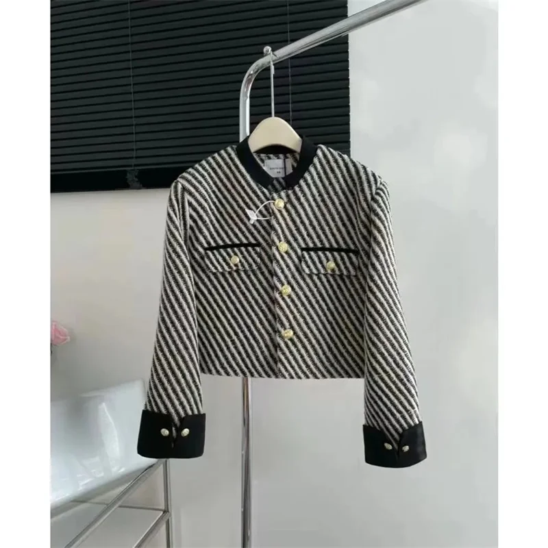 2024 Women Black Lined Woolen Coat Retro Style Female Long Sleeves Add Cotton Jacket Ladies Thousand Bird Grid Short Outerwear