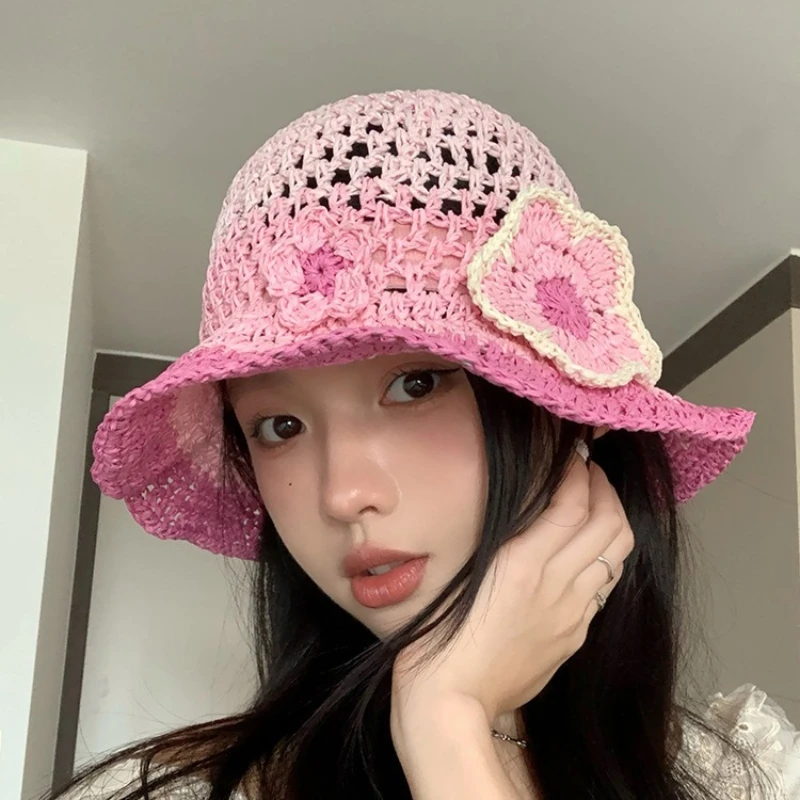 

Gradual Flower Braided Straw Fisherman Hat Summer Sun Shade Straw Hat Lady