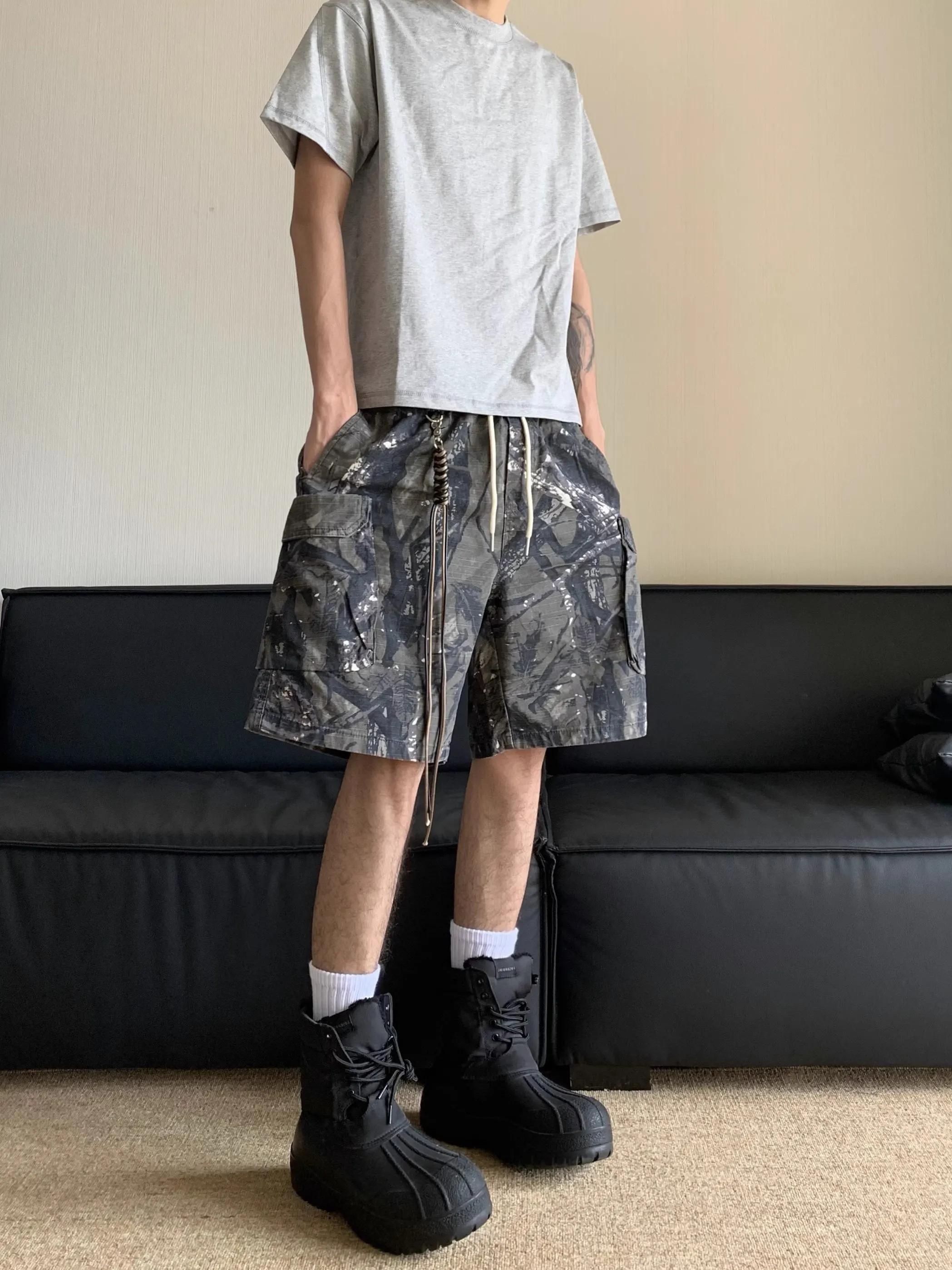 

American Retro Camouflage Workwear orts Men's Loose Pure Cotton Five-Quarter Pants Youthful Vitali Sle Straight Leg Tro...