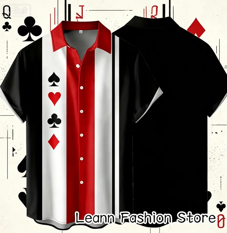 Men Summer Poker Symbol Stripe Print Shirt Casual Beach Short Sleeve Clothing Male Button Lapel Collar Fashion Leisurewear