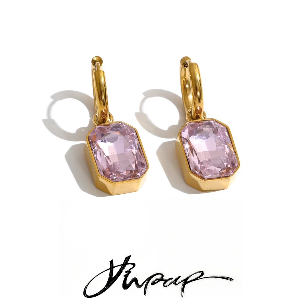Yhpup Edelstahl-Creolen Grün Rosa Blau K9 Kristall Rechteckige Hängeohrringe Ästhetischer Goldener Damenschmuck