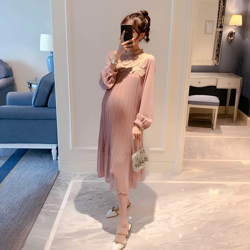 Fashion Korean Style Pleated Chiffon Maternity Long Dress Loose Straight Clothes for n Pregnancy Pink Dresses Clothing