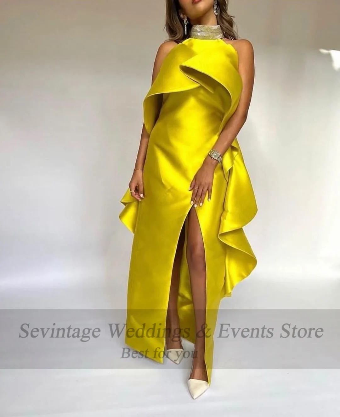 Customized Yellow Arabic Women's Evening Dresses Satin Halter Prom Gowns Women Dubai Draped Slit Front Formal Party Dress 2023